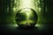 A glass sphere filled with abundant verdant flora, set against the scenic backdrop of a forest. Embodying the concept of World