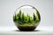 A glass sphere filled with green plants and trees, creating a miniature forest world
