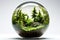 A glass sphere filled with green plants and trees, creating a miniature forest world