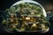 a glass sphere with a microcosm inside, a small fabulous island and a village, houses between trees