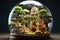 a glass sphere with a microcosm inside, a small fabulous palace between trees