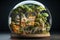 a glass sphere with a microcosm inside, a small fabulous palace between trees