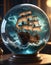 A glass sphere sculpture, concealed inside the sphere is a large Pirate Ship in a Lightning storm