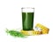 Glass of spirulina drink, measuring tape and wheat grass