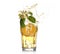 Glass of splashing lemonade with citrus fruit on white background