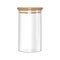 Glass storage jar with airtight seal bamboo lid  vector mockup. Clear empty food container  realistic illustration