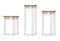 Glass storage jars different heights with airtight seal bamboo lids  vector mock-up set. Clear empty food canisters