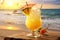A glass with a straw and an umbrella sits on a sandy beach, offering a refreshing and tropical drink, An ice-cold cocktail with a