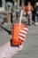 Glass of strawberry and mango bubble tea closeup in woman hand