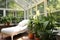 glass sunroom with a chaise lounge surrounded by peace lilies