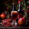 Glass of sweet dark fruit beer with pomegranate juice and foam on wooden table surrounded by red flowers and glass bottle of