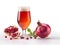 Glass of sweet light fruit beer with pomegranate juice and foam on white background. Pomegranate beer isolated on white with whole