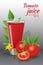 Glass of of tasty fresh tomato juice with red ripe tomatoes, green tomato leafs