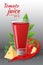 A glass of of tasty fresh tomato juice with red ripe tomatoes, green tomato leafs, cheese, hot chili pepper and parsley