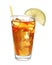 Glass of tasty iced tea with lemon and straw on background