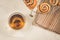 glass tea and roll with poppy on a lattice for baking/breakfast with glass tea and roll with poppy on a lattice for baking on a