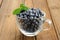 Glass teacup full of fresh wild blueberries with green spring on