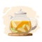 Glass teapot with green tea, mint and lemon.