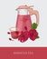 Glass teapot with strainer, cup of red hibiscus tea and roselle flowers and leaves hand drawn on gray background