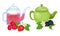 Glass Teapots with Aromatic and Spicy Fruit Tea with Raspberry and Strawberry Rested Nearby Vector Set