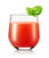 Glass of tomato juice and leaf of basil isolated on white