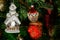 Glass toys on Christmas tree. Merry xmas and Happy New Year cliseup background