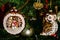 Glass toys on Christmas tree. Merry xmas and Happy New Year cliseup background. Ball and bird