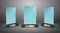 Glass trophy collection with blank brass labels