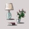 Glass vase with flower and vintage table lamp with lampshade, stack of books. Interior Design. Isolated vector
