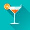 Glass for vermouth icon in flat style, wineglass on color background. Alcohol cocktail with lemon and straw. Vector design element