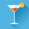 Glass for vermouth icon in flat style, wineglass on color background. Alcohol cocktail with lemon. Vector design elements for you