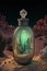 Glass vial with magic entity, energy in glass bottle with green plants in night desert. Concept illustration generated by AI, AI