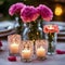 Glass votive candles surrounded by mini carnations.AI generated