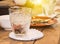 Glass water , Coaster White on wooden table.