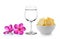 Glass of water frangipani flower , Bowl of potato chips