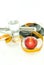 Glass of water green apple dumbbells and measuring tape concept photo of weight loss workout exercise and healthy life