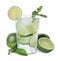 Glass with water, sliced lime, ice and mint on white background