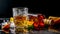 Glass of whiskey and bottle with ice cube, orange fruit snack on black bar background. copy space. concept luxury drink