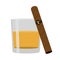 Glass of whiskey with cigar. Premium alcohol, tobacco. Flat style