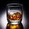 A glass of whiskey close-up. Product photography. Glass of old whiskey standing on a table in a luxury bar. Composition of whiskey