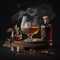 a glass of whiskey and ice in cigar smoke on a wooden table on a dark background