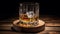 Glass of whiskey with ice cubes on the wooden barrel with wooden background