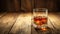 A glass of whiskey with ice cubes on a wooden table, Ai Generated