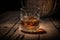 Glass of whiskey on wooden background. Generative AI