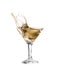 glass on a white background; the water ripples and splashed as a green spanish olive with pimento is dropped into the gl