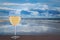 Glass of white wine against beautiful marine landscape. Baltic sea during sunny day with beautiful clouds with gulls in the waves