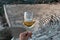 A glass of white wine in a man`s hand. Greek Mediterranean wine against the backdrop of an antique amphitheater in Greece