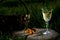 A glass of white wine on nature background