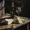 glass of white wine, an open bottle, and artisanal cheese on a wooden table