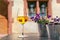 A glass of white wine at a restaurant in Riquewihr, France, Alsatian Wine Route